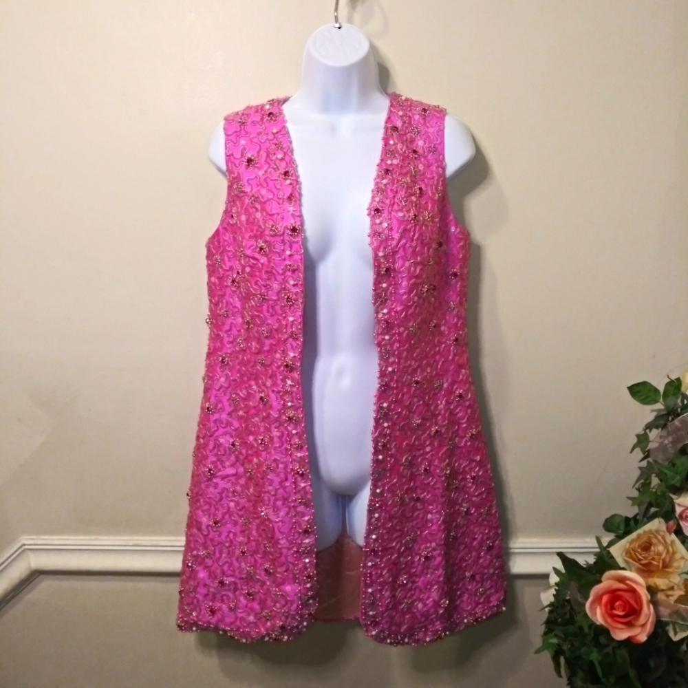 Vintage 1960-70 Barbie Pink Raw Silk Hand Beaded/Jeweled Cocktail, Hostess Vest